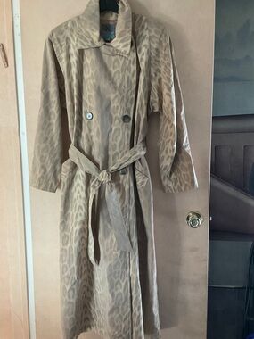 Drizzle Beige Leopard Print Long Trench Style Raincoat with Belt, Size 6